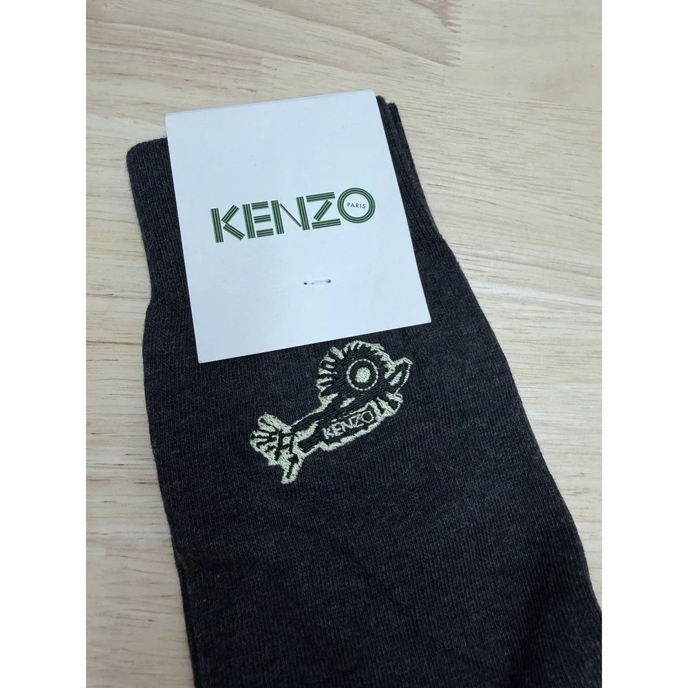 KENZO Men's 42-44 Charcoal Embroidered Logo Cotton Blend Crew Socks